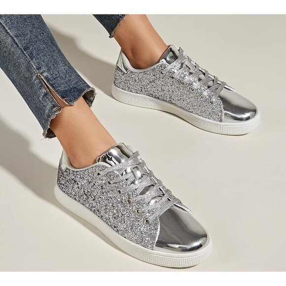 Brand New Women Silver Thermoplastic Elastomers Glitter Sparkly Lace Sneakers - Picture 7 of 9
